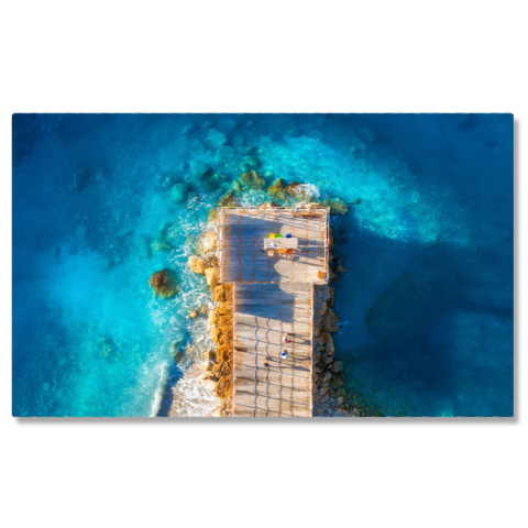 Peisaje cu Drona - Tablou canvas cu vedere aeriana, dig din lemn, ocean, apus, multicolor 40x25CM