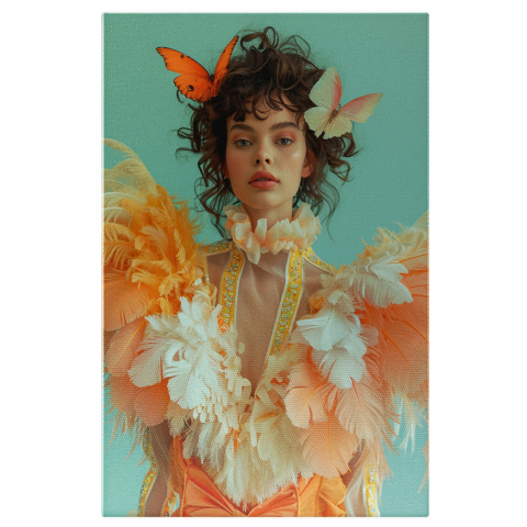 Cuibul de Frumusețe - Tablou Canvas cu Portret Inspirat de Păsări - Fata cu Pene Colorate, Marime 40x25CM