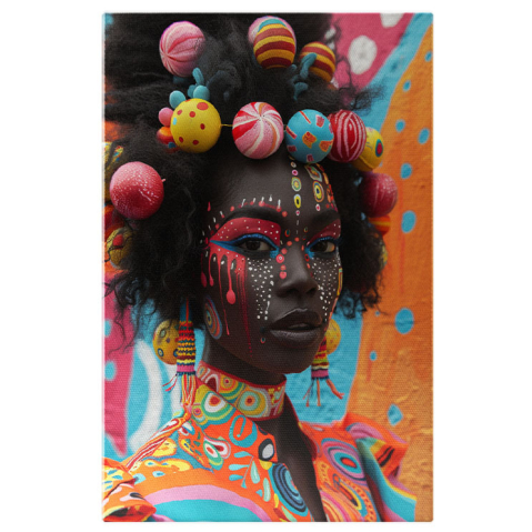 Portret - Tablou Canvas  Culorile din Africa Femeie Pictata pe Fata in Bluza Colorate si Mingi in Par si Cercei Colorati , Pictura Digitala 40x25CM