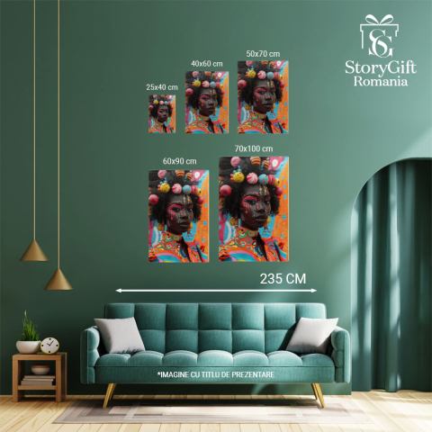 Tablou Canvas  Culorile din Africa Femeie Pictata pe Fata in Bluza Colorate si Mingi in Par si Cercei Colorati , Pictura Digitala 40x25CM [3]