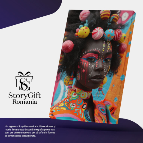 Tablou Canvas  Culorile din Africa Femeie Pictata pe Fata in Bluza Colorate si Mingi in Par si Cercei Colorati , Pictura Digitala 40x25CM [4]