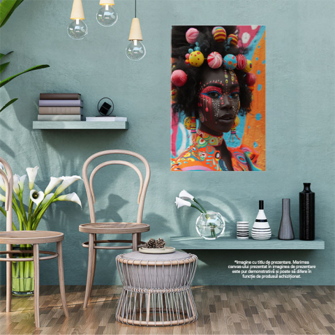 Tablou Canvas  Culorile din Africa Femeie Pictata pe Fata in Bluza Colorate si Mingi in Par si Cercei Colorati , Pictura Digitala 40x25CM [1]
