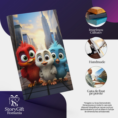 Tablou Canvas:  Cute Birds cele Trei Pasari Prietene Dragute cu care se Plimba pe Strada cu Cladiri Pictura Digitala 40x25CM [2]