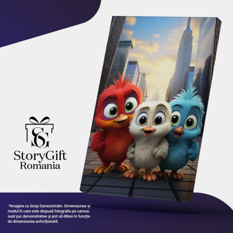 Tablou Canvas:  Cute Birds cele Trei Pasari Prietene Dragute cu care se Plimba pe Strada cu Cladiri Pictura Digitala 40x25CM [4]