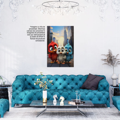 Tablou Canvas:  Cute Birds cele Trei Pasari Prietene Dragute cu care se Plimba pe Strada cu Cladiri Pictura Digitala 40x25CM [1]