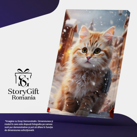 Tablou Canvas:  Cute Cat Pisicuta Draguta cu Ochii Mari si Privire Patrunzatoare care se joaca in Zapada Pictura Digitala 40x25CM [4]