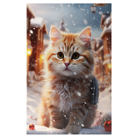 Animale - Tablou Canvas:  Cute Cat Pisicuta Draguta cu Ochii Mari si Privire Patrunzatoare care se joaca in Zapada Pictura Digitala 40x25CM