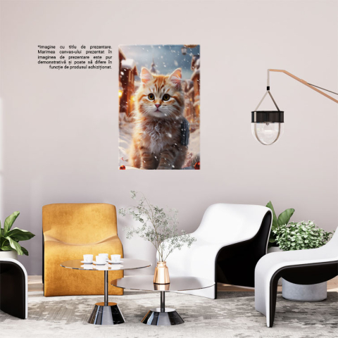 Tablou Canvas:  Cute Cat Pisicuta Draguta cu Ochii Mari si Privire Patrunzatoare care se joaca in Zapada Pictura Digitala 40x25CM [1]