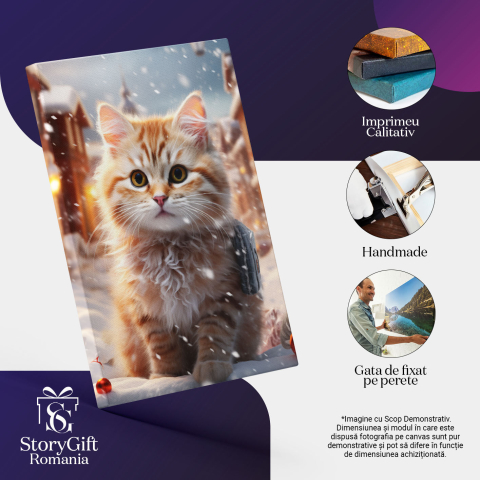 Tablou Canvas:  Cute Cat Pisicuta Draguta cu Ochii Mari si Privire Patrunzatoare care se joaca in Zapada Pictura Digitala 40x25CM [2]