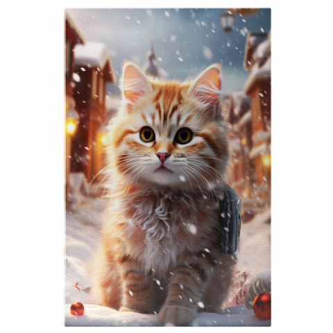 Animale - Pisicuța Drăguță cu Ochii Mari și Privire Pătrunzătoare Jucându-se în Zăpadă - Pictură Digitală, Marime 40x25CM