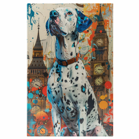 Câini - Dalmatianul Călător în Fața Big Ben-ului - Pictură Digitală cu Fundal Colorat, Marime 40x25CM