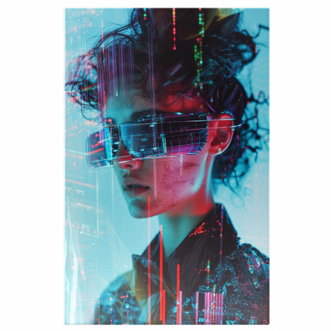 Woman with LED Glasses and Shiny Black Jacket - Digital Painting, Marime 40x25CM