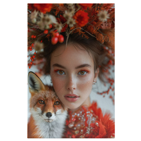 Portret - Tablou Canvas  Dama Incantatoare si o Vulpe cu Privire Curioasa, cu Ochii Senini si Pistrui in Rochie Rosie cu Cercei  , Pictura Digitala 40x25CM