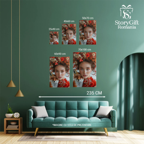 Tablou Canvas  Dama Incantatoare si o Vulpe cu Privire Curioasa, cu Ochii Senini si Pistrui in Rochie Rosie cu Cercei  , Pictura Digitala 40x25CM [3]