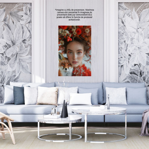 Tablou Canvas  Dama Incantatoare si o Vulpe cu Privire Curioasa, cu Ochii Senini si Pistrui in Rochie Rosie cu Cercei  , Pictura Digitala 40x25CM [1]