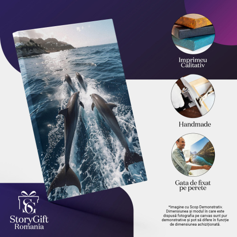 Tablou Canvas:  Dans grațios al delfinilor printre valurile albastre- Simfonie marină  Pictura Digitala 40x25CM [2]