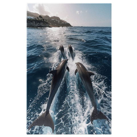 Apă & Natură - Tablou Canvas:  Dans grațios al delfinilor printre valurile albastre- Simfonie marină  Pictura Digitala 40x25CM