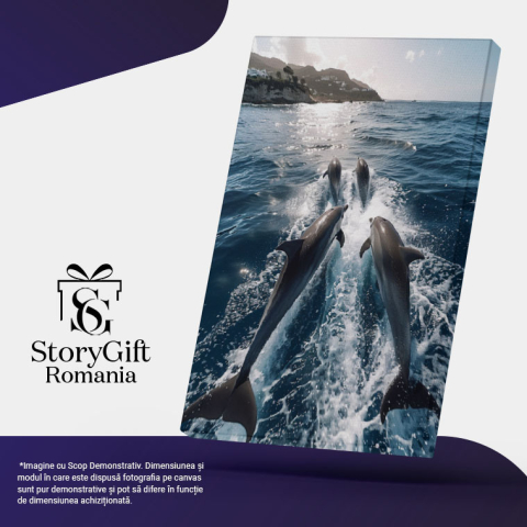 Tablou Canvas:  Dans grațios al delfinilor printre valurile albastre- Simfonie marină  Pictura Digitala 40x25CM [4]