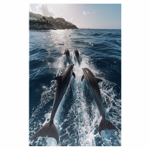 Peisaj - Dansul Gracios al Delfinilor Printre Valurile Albastre - Pictură Digitală cu Temă Marină, Marime 40x25CM