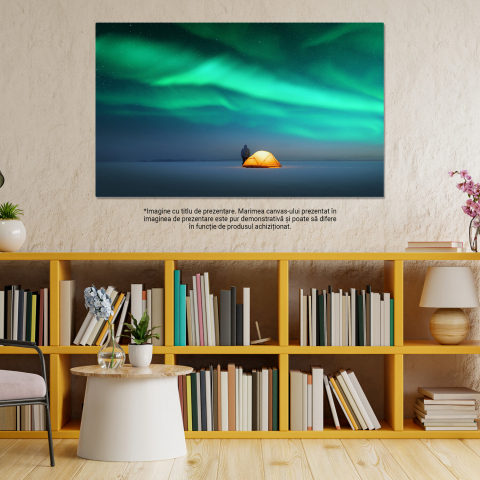 Tablou Canvas Dansul Luminilor Nordice: Aurora Boreală deasupra unui Cort în Cadru Iernatic Uimitor, Marime 40x25CM [2]
