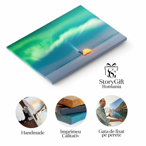 Tablou Canvas Dansul Luminilor Nordice: Aurora Boreală deasupra unui Cort în Peisaj Înghețat, Marime 40x25CM [1]