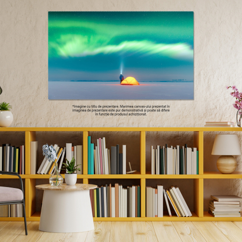 Tablou Canvas Dansul Luminilor Nordice: Aurora Boreală deasupra unui Cort în Peisaj Înghețat, Marime 40x25CM [2]