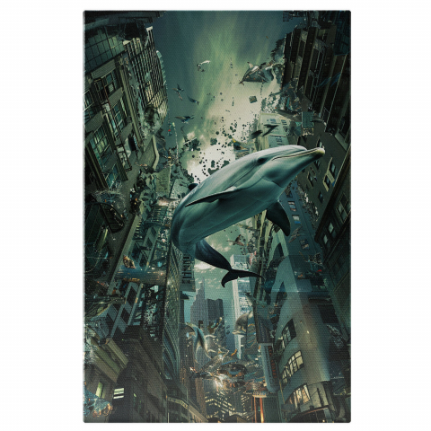 Animale - Tablou Canvas - Delfin Înotând în Aer, Schimbând Apa cu Aerul, Marime 40x25CM