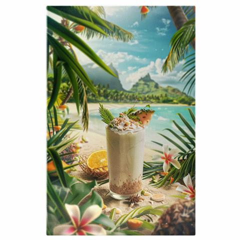 Băuturi - Deliciu Tropical cu Fructe Colorate în Pahar pe Plaja Tropicală, Marime 40x25CM
