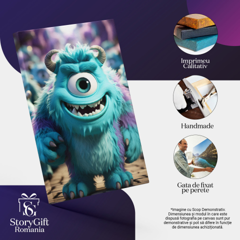 Tablou Canvas: Desen Animat Monstrulețul Vesel Albastru Mov cu un Ochi și Coarne Pictura Digitala 40x25CM [2]