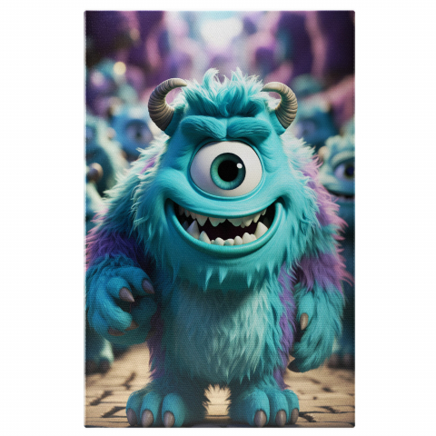 Personaje Desene Animate - Tablou Canvas cu Monstruletul Vesel Albastru-Mov cu un Ochi și Coarne, Marime 40x25CM