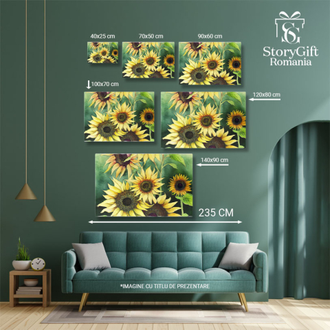 Tablou Canvas: Desen din creion cu flori galbene pe fundal verde - Buchet cu floarea soarelui 40x25CM [4]