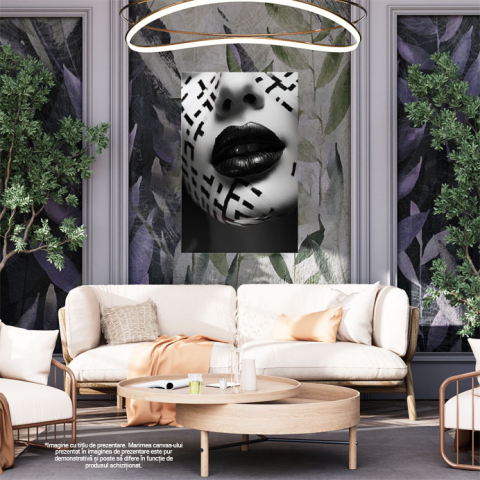 Tablou Canvas: Detaliu buze  Arta, Frumusete, Alb-negru,, Accesoriu de moda, Design grafic, Pictura Digitala 40x25CM [1]