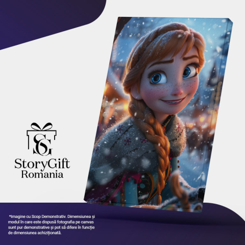 Tablou Canvas:  Disney Frozen Ana cu Privire Gingasa si Ochi Mari Cu Zambetul Sclipitor Acoperita de Zapada Pictura Digitala 40x25CM [4]
