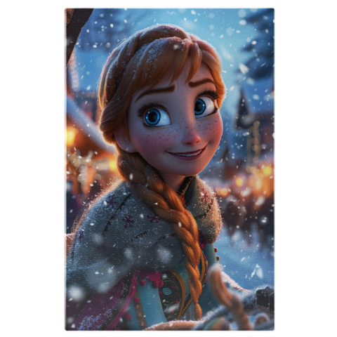 Personaje Desene Animate - Tablou Canvas:  Disney Frozen Ana cu Privire Gingasa si Ochi Mari Cu Zambetul Sclipitor Acoperita de Zapada Pictura Digitala 40x25CM