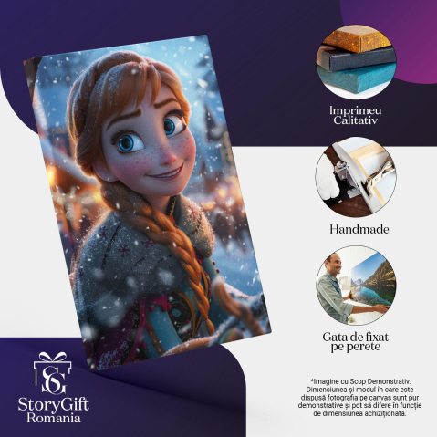 Tablou Canvas:  Disney Frozen Ana cu Privire Gingasa si Ochi Mari Cu Zambetul Sclipitor Acoperita de Zapada Pictura Digitala 40x25CM [2]