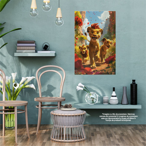 Tablou Canvas:  Disney, Regele Leu care se Plimba Singuri cu Petale de Trandafir aruncate de  Vant   Pictura Digitala 40x25CM [1]