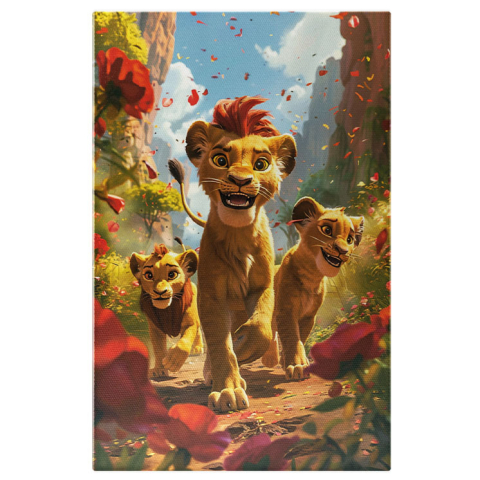 Personaje Desene Animate - Tablou Canvas:  Disney, Regele Leu care se Plimba Singuri cu Petale de Trandafir aruncate de  Vant   Pictura Digitala 40x25CM