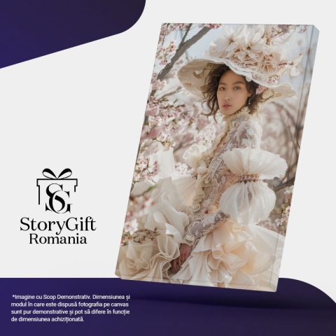 Tablou Canvas:  Doammnă îmbrăcată împărătește intr-un peisaj cu flori de primăvară- Armonie de culori Pictura Digitala 40x25CM [4]