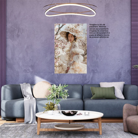 Tablou Canvas:  Doammnă îmbrăcată împărătește intr-un peisaj cu flori de primăvară- Armonie de culori Pictura Digitala 40x25CM [1]