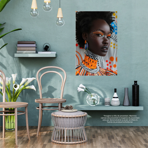 Doamnă Africană cu Perle Lipite pe Față și Cercei în Salopetă Colorată, Marime 40x25CM [2]