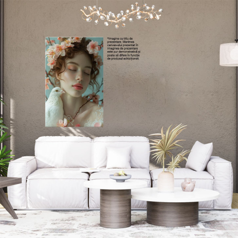 Tablou Canvas  Doamna Blanda cu Buze Mari si Ochii Inchisi Alaturi de un Porumbel Alb Invaluita in Flori de Cires , Pictura Digitala 40x25CM [1]