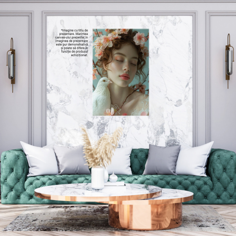 Tablou Canvas Femeia cu Buze Mari, Ochii Închiși și Porumbel Alb, Înconjurată de Flori de Cireș, Marime 40x25CM [2]