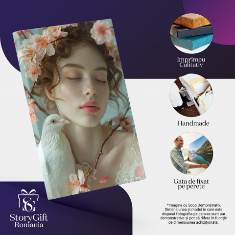 Tablou Canvas Femeia cu Buze Mari, Ochii Închiși și Porumbel Alb, Înconjurată de Flori de Cireș, Marime 40x25CM [1]