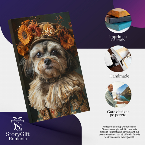 Tablou Canvas Doamna Cățelușă cu Blană Pufoasă, Pălărie cu Flori și Costum Elegant | Pictură Digitală, Marime 40x25CM [1]