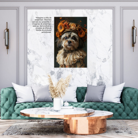 Tablou Canvas Doamna Cățelușă cu Blană Pufoasă, Pălărie cu Flori și Costum Elegant | Pictură Digitală, Marime 40x25CM [2]