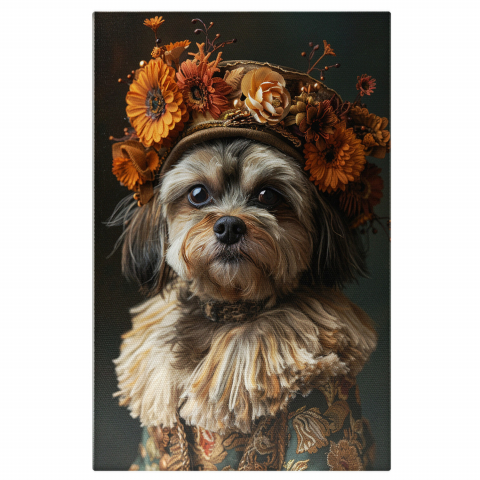 Câini - Tablou Canvas Doamna Cățelușă cu Blană Pufoasă, Pălărie cu Flori și Costum Elegant | Pictură Digitală, Marime 40x25CM