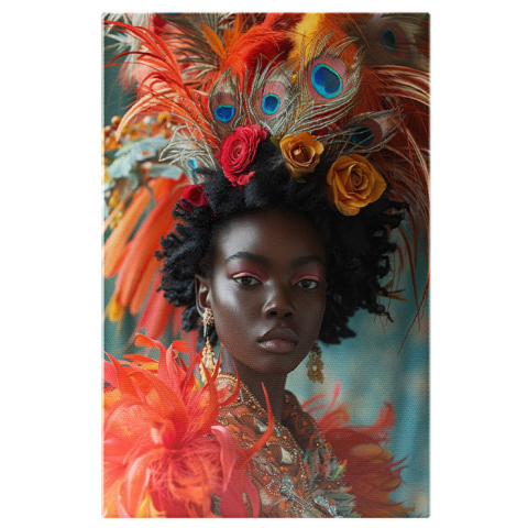 Portret - Tablou Canvas  Doamna cu Pielea Neagra si Trandafiri in Par cu Palarie de Pene si Rochie Portocalie cu Pietricele , Pictura Digitala 40x25CM
