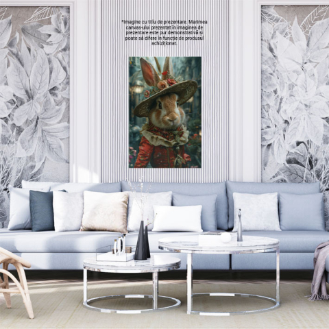 Tablou Canvas  Doamna Iepuroaica cu Urechile Ascutite si Palarie cu Flori in Rochie Regala Rosie cu Floricele , Pictura Digitala 40x25CM [1]