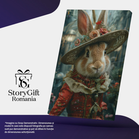 Tablou Canvas  Doamna Iepuroaica cu Urechile Ascutite si Palarie cu Flori in Rochie Regala Rosie cu Floricele , Pictura Digitala 40x25CM [4]