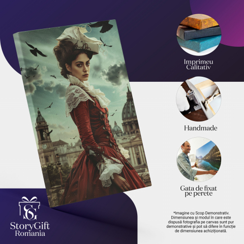 Tablou Canvas - Doamna în Rochie Roșie de Epocă în Mijlocul Orașului: Păsări în Zbor și Pălărie Albă, Marime 40x25CM [1]